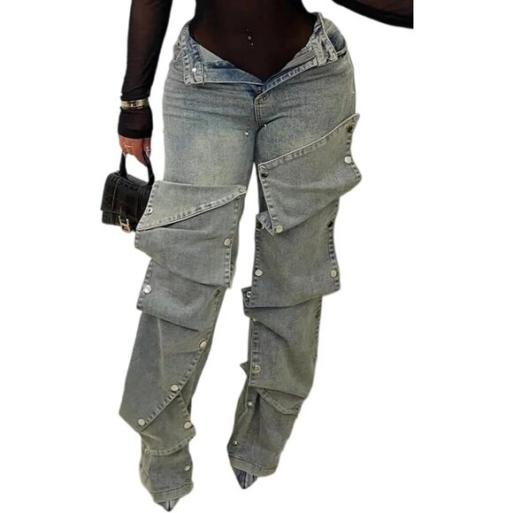 Denim - Women Cargo Jeans High Waisted Straight Wide Leg Denim Pants Casual Trendy